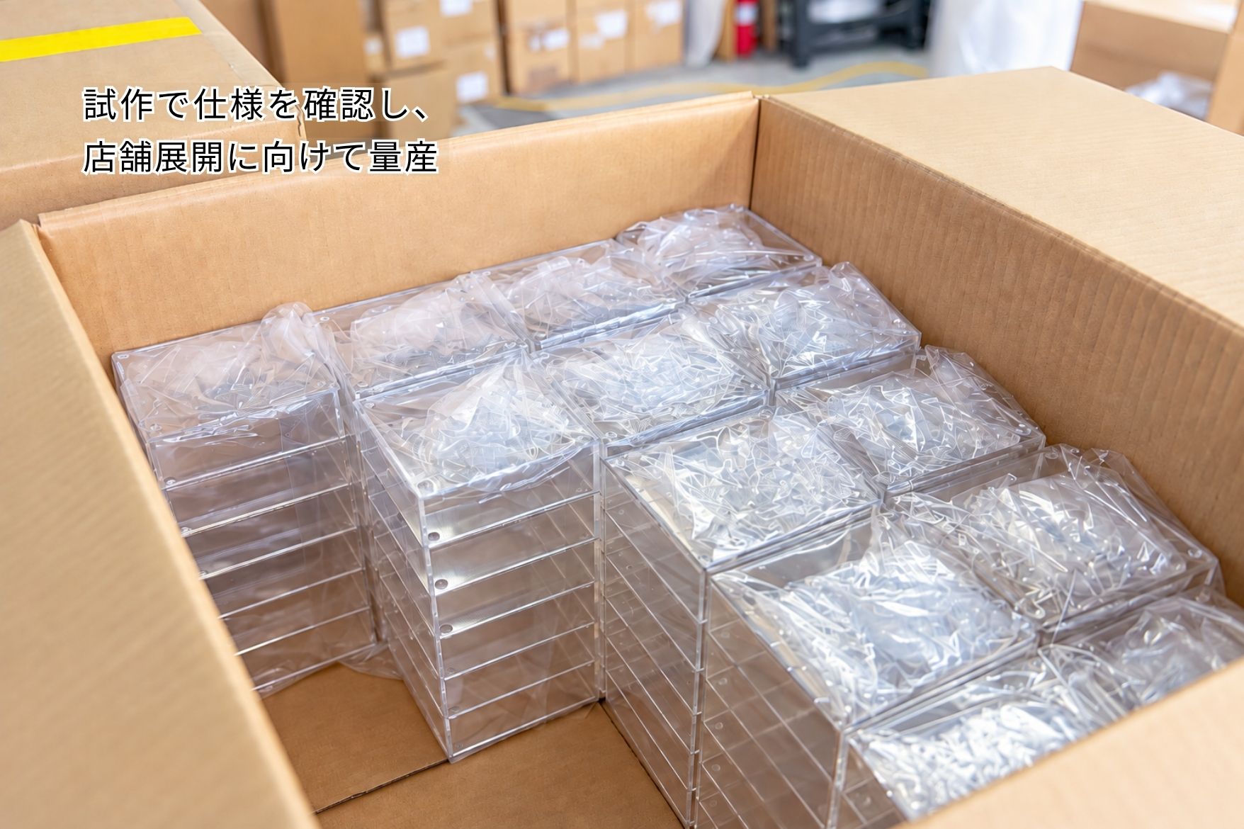 店舗展開に向けて量産・梱包した透明アクリル什器