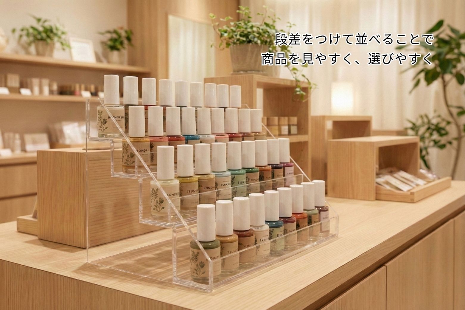 上下段に化粧品を陳列した透明アクリル什器