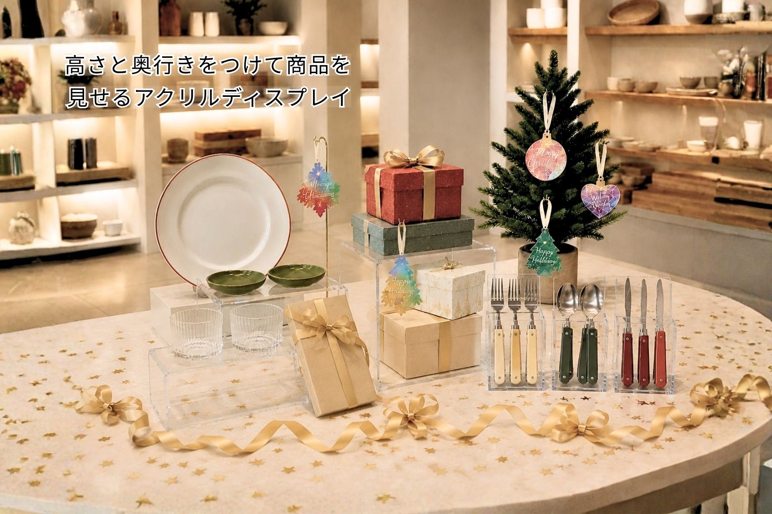 透明アクリル製のコの字台で商品に高低差をつけた展示