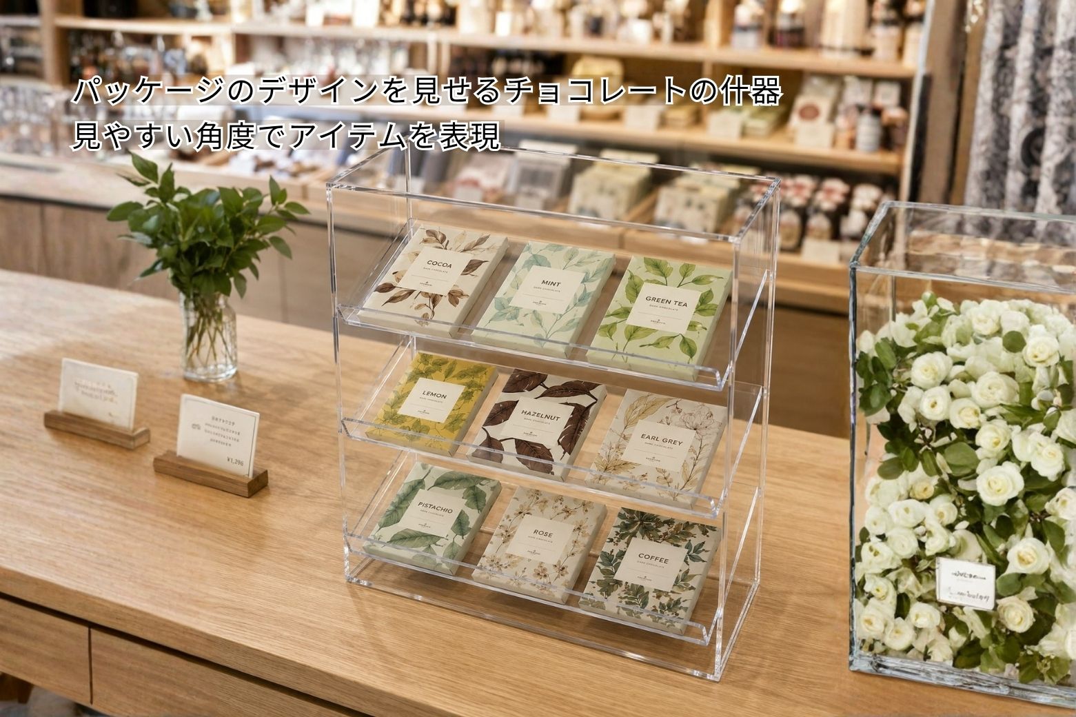 チョコレートを陳列したアクリル製食品什器