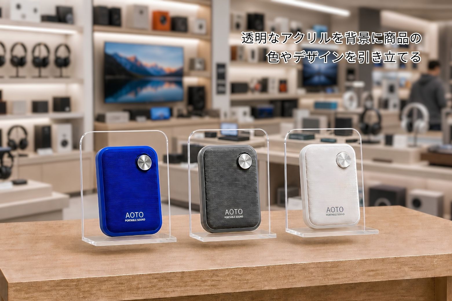 商品を主役として見せる透明アクリル製の展示台