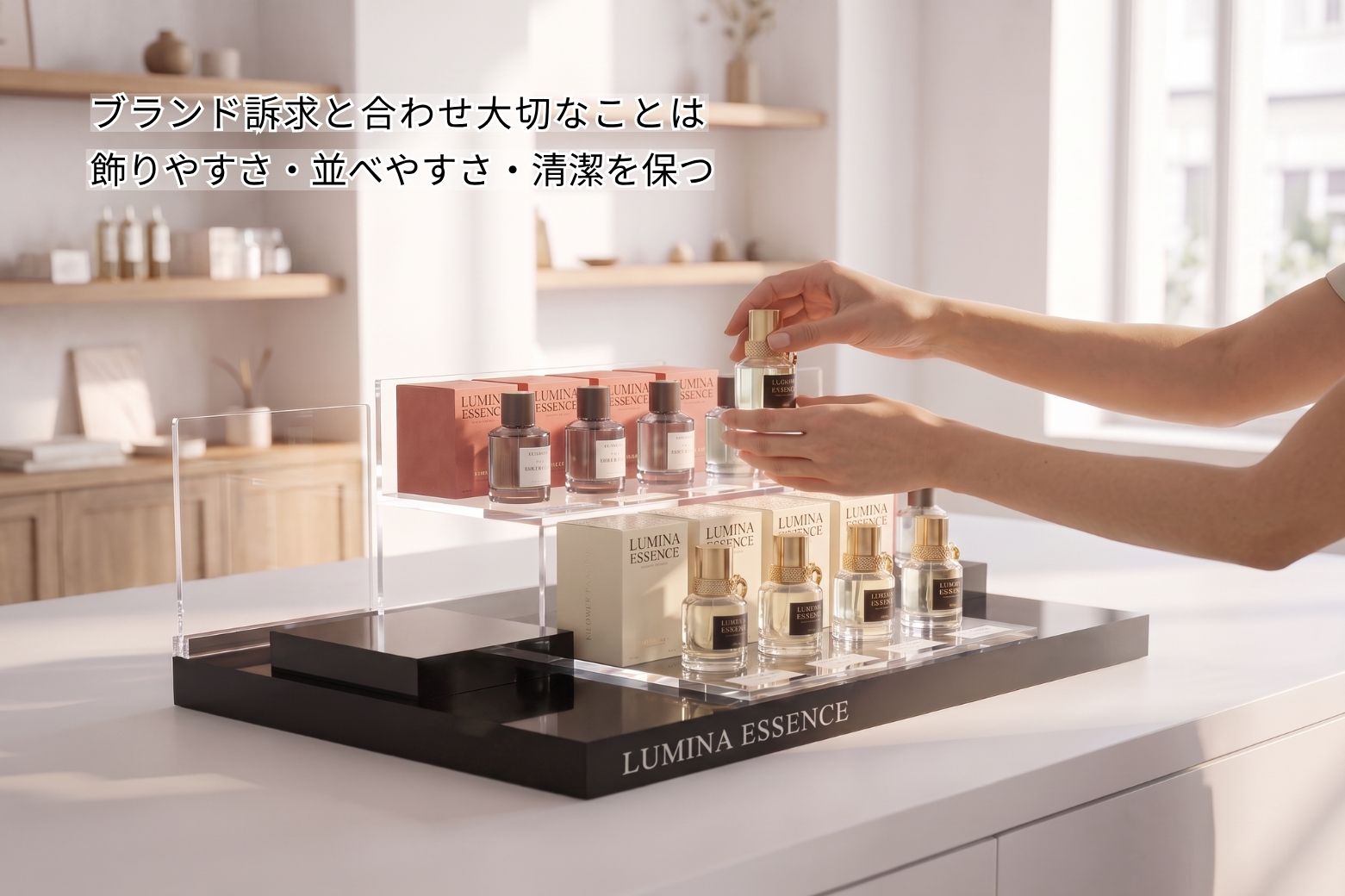フレグランスのボトルと外箱を上下段に配置した化粧品什器
