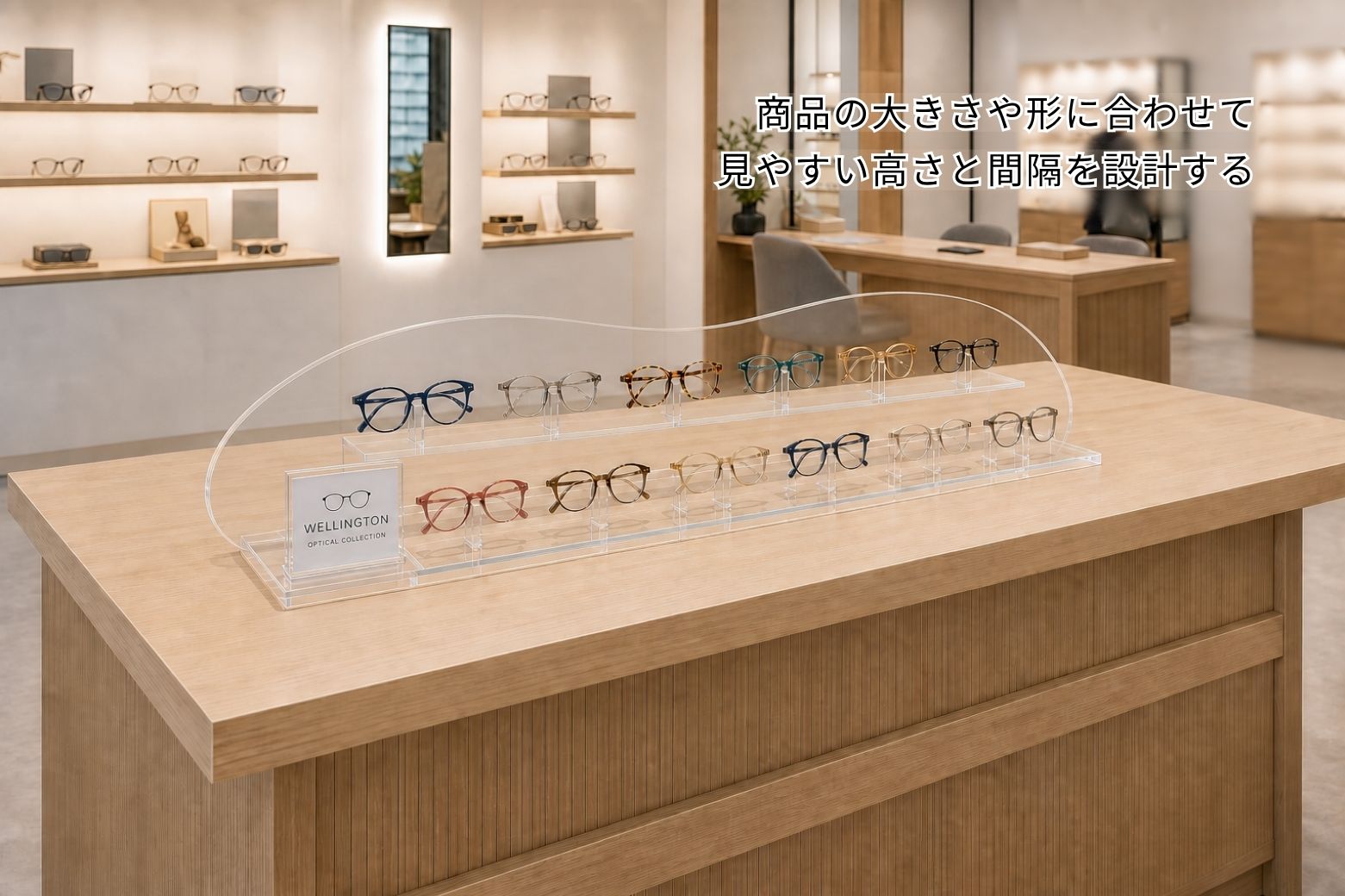 眼鏡店の商品とカウンターに合わせて設計した透明アクリル製ディスプレイのイメージ