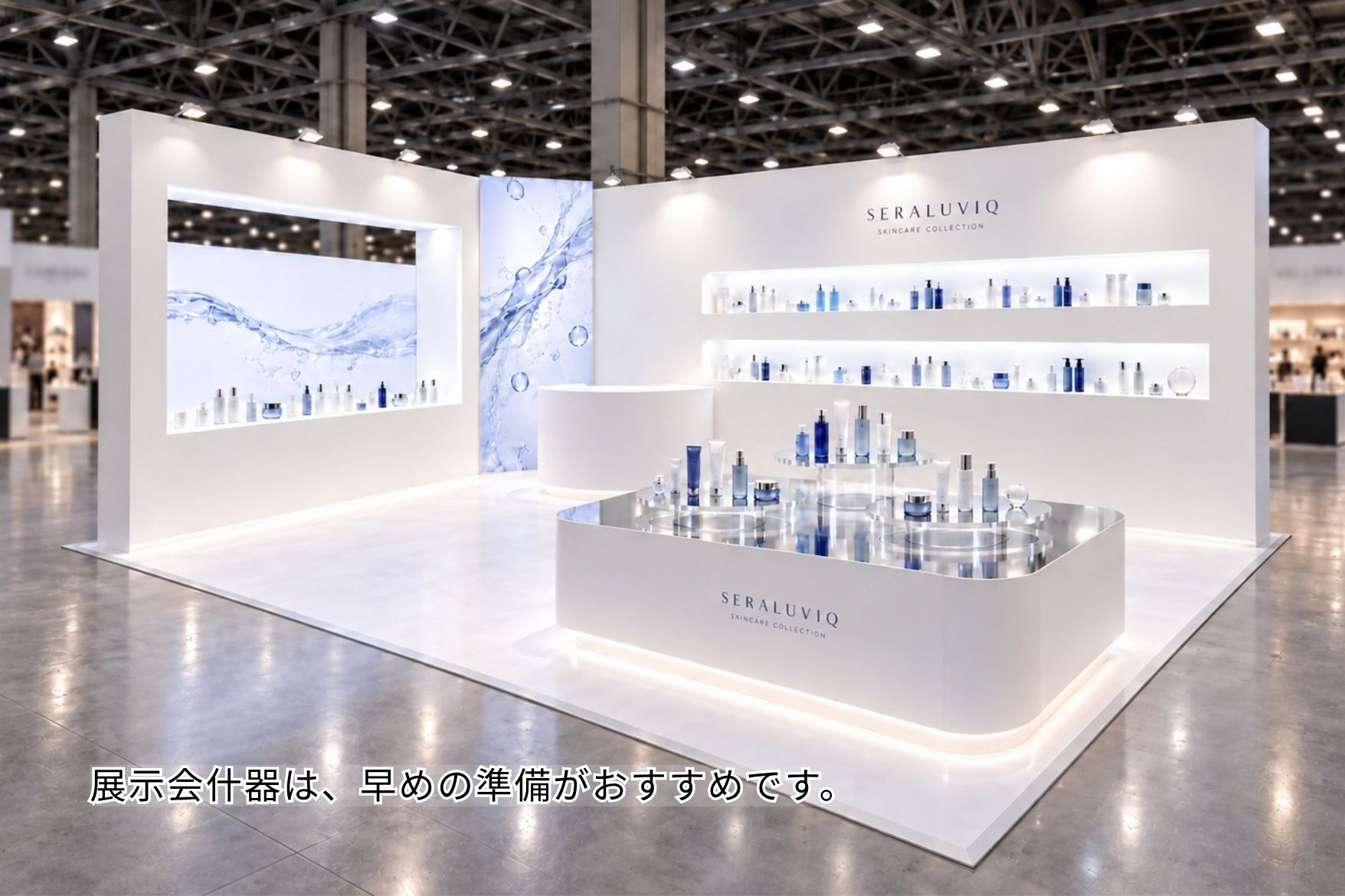 円形アクリルステージとミラー天板で化粧品を展示したブースのイメージ