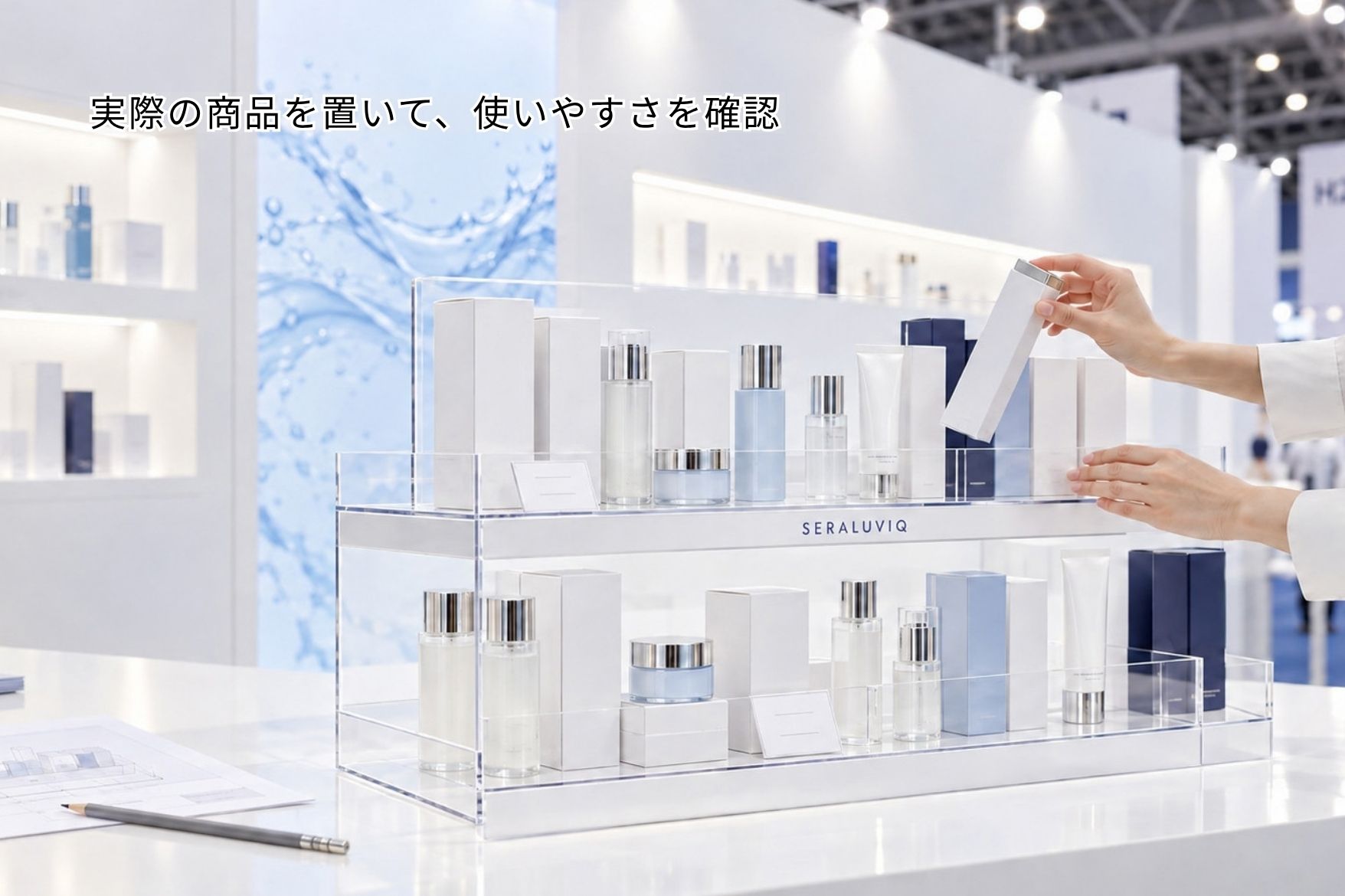 展示会用の透明アクリル什器に化粧品を置き、取り出しやすさを確認するイメージ