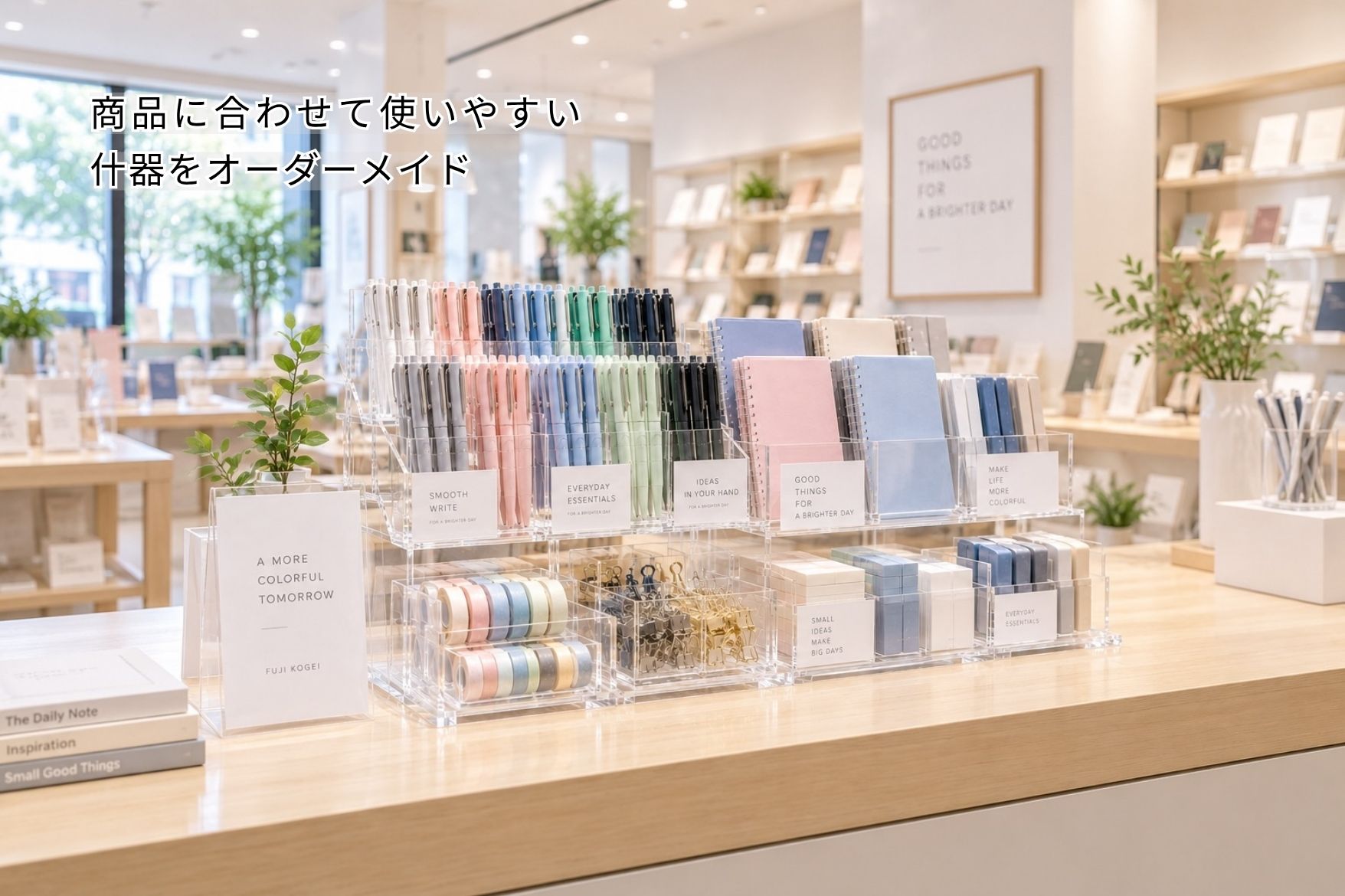 商品を陳列したオーダーメイドの店舗用アクリル什器