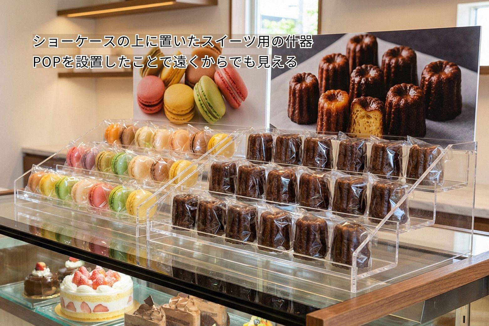 マカロンとカヌレを段状に並べ、POPを設置した透明アクリル製の食品什器