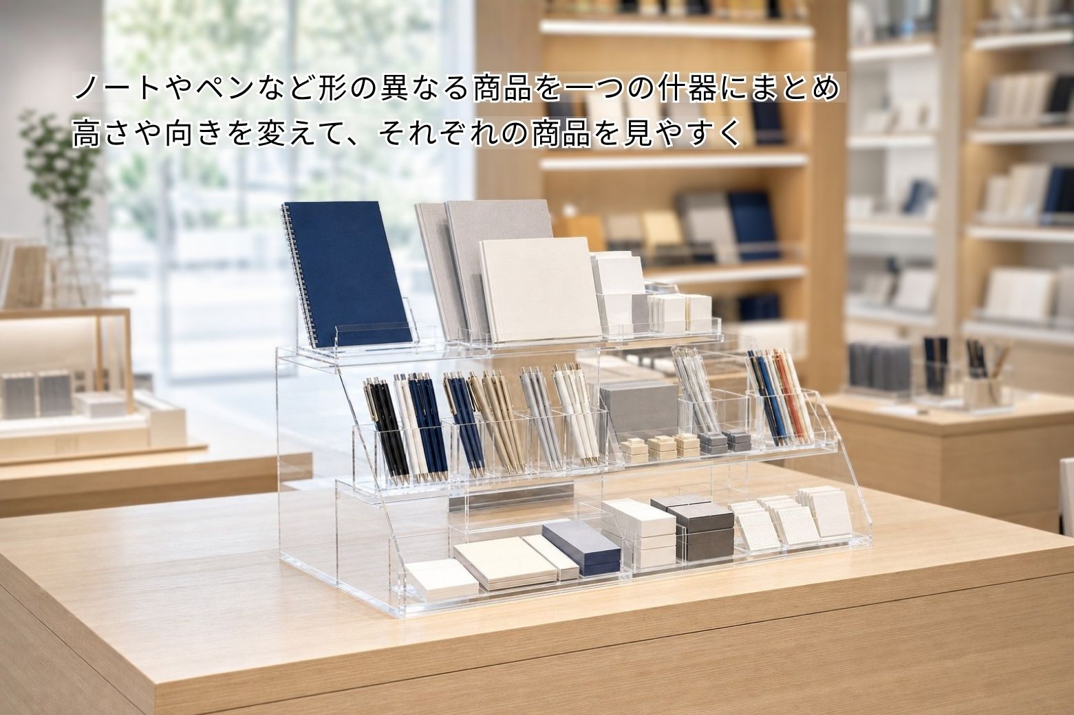 ノートや筆記具を見やすく陳列した透明アクリル製文具什器
