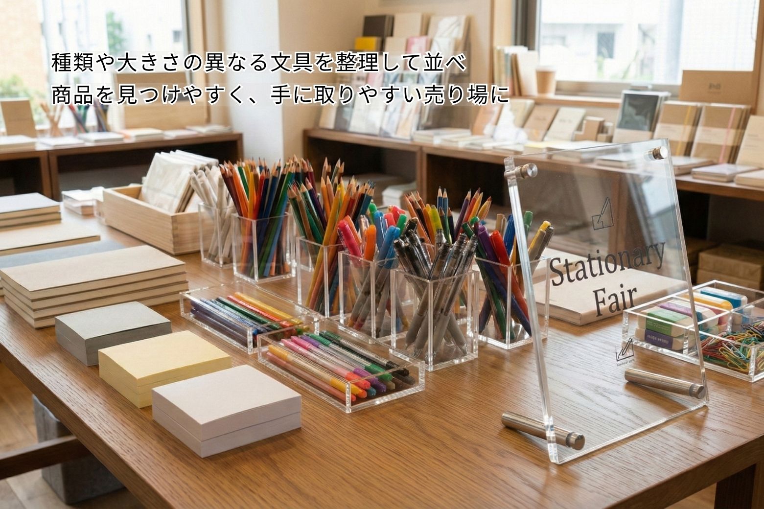 ペンや小物を透明アクリル什器に陳列した文具売り場