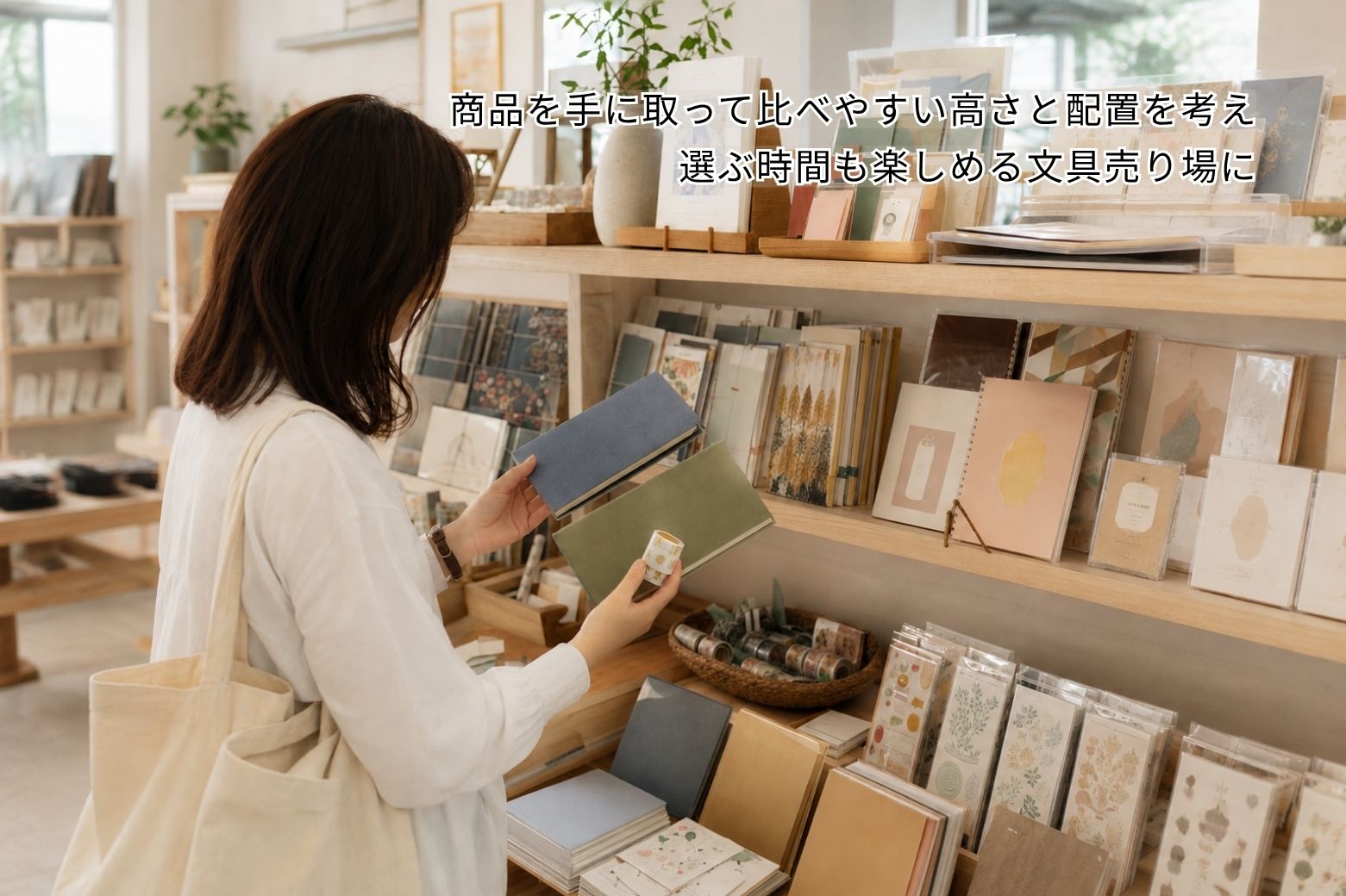 文具売り場でノートを手に取って比較する様子