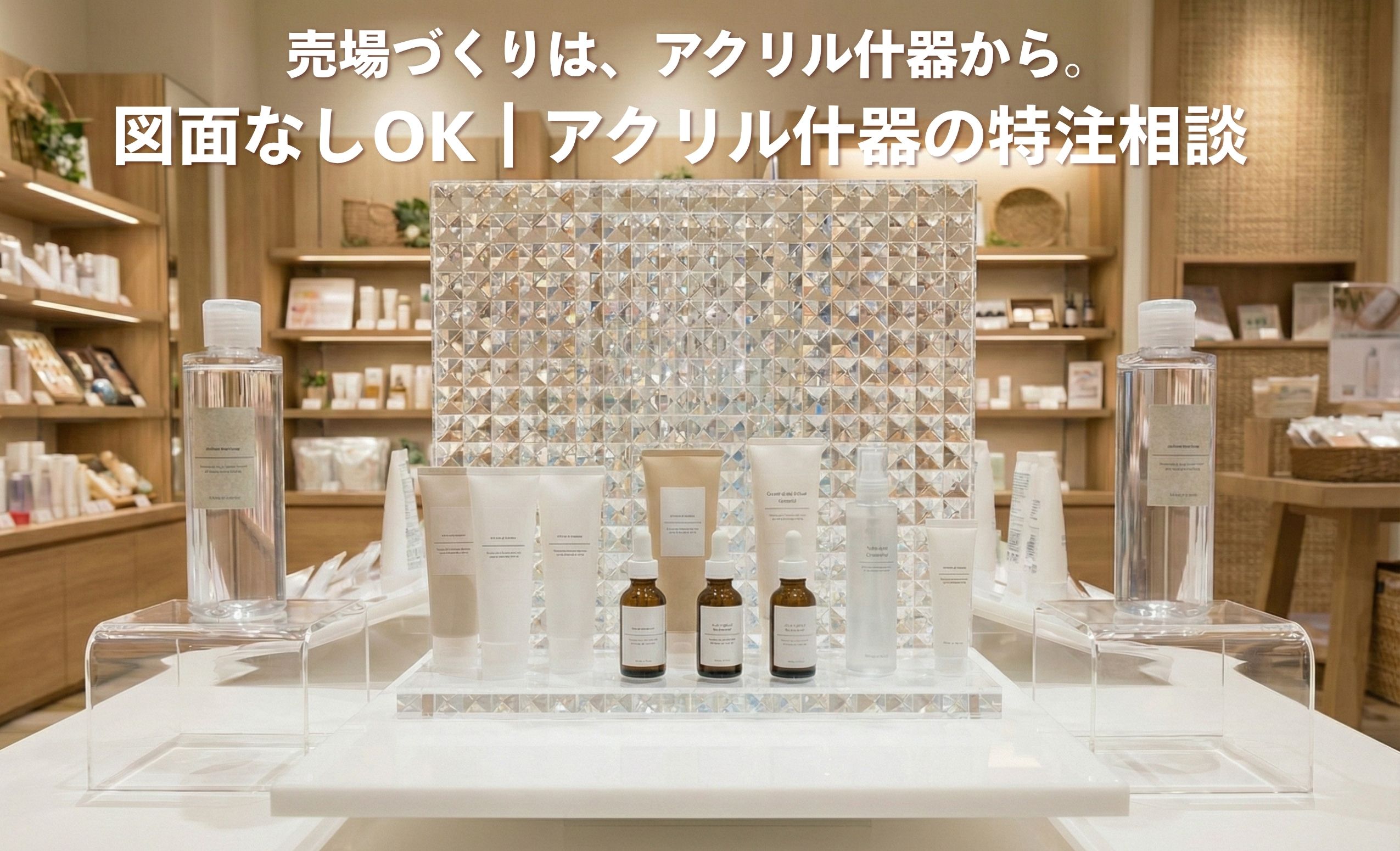 化粧品や小物を陳列する透明アクリル什器