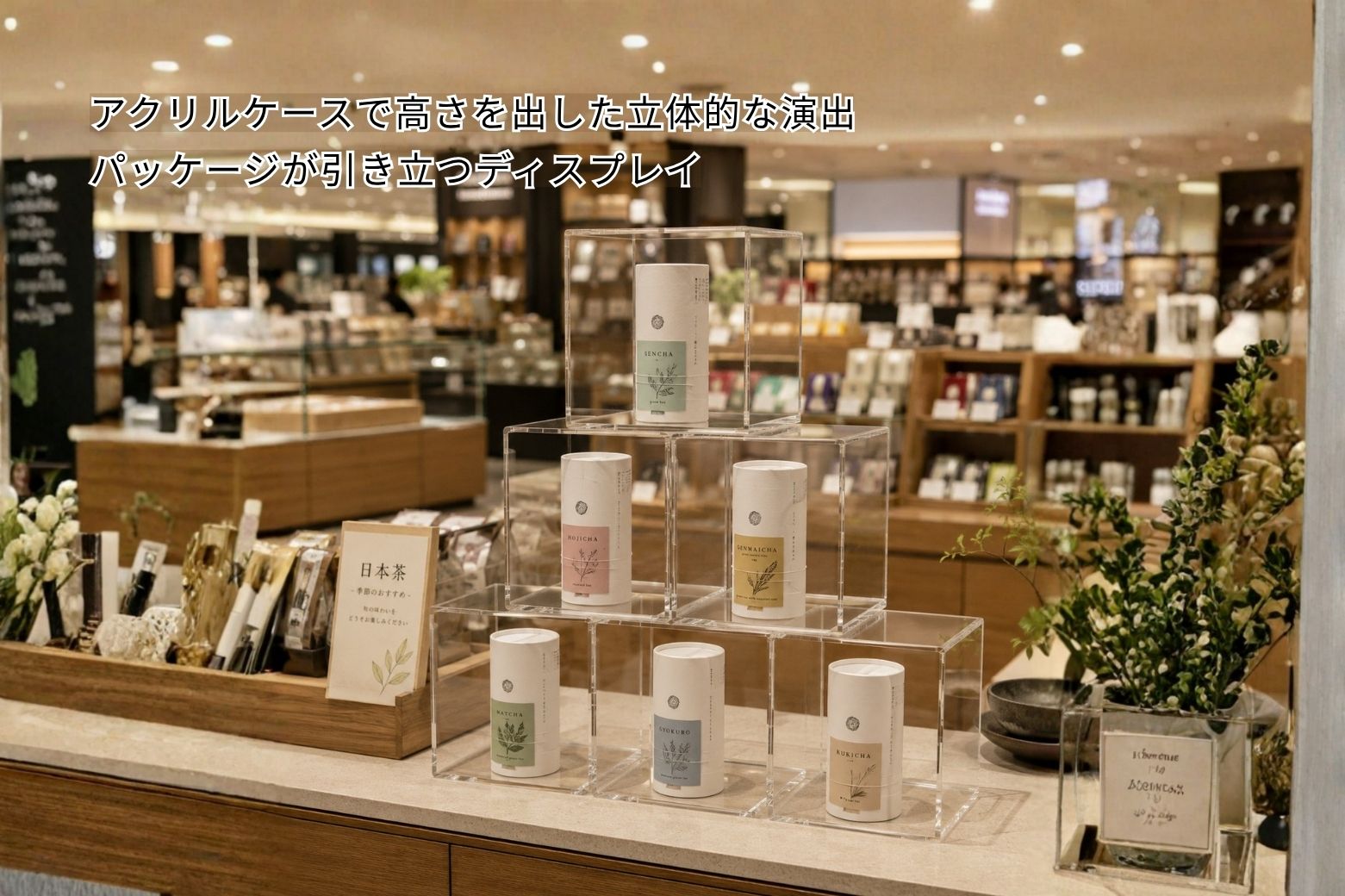 日本茶のパッケージを透明アクリルケースで立体的に陳列したディスプレイ